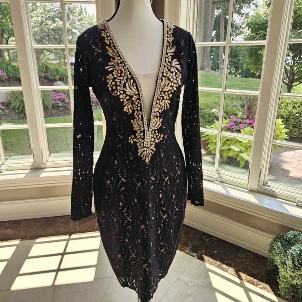 Stunning! Baccio Couture Elegant Black and Gold Embellished Dress, Sz  Med 8/10